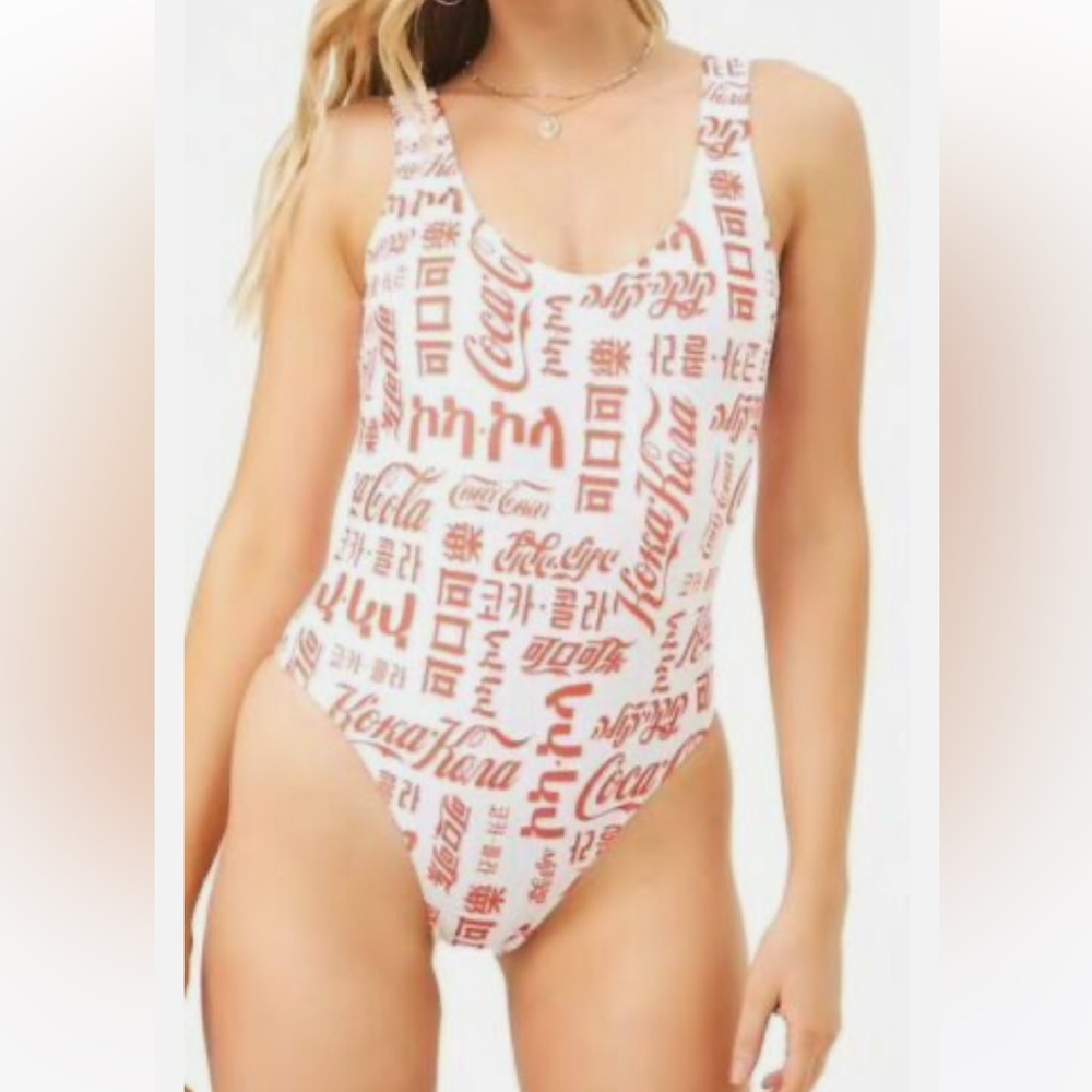 Forever 21 Coca Cola International Logo One Piece High Cut Swimsuit Size Small - Picture 6 of 7